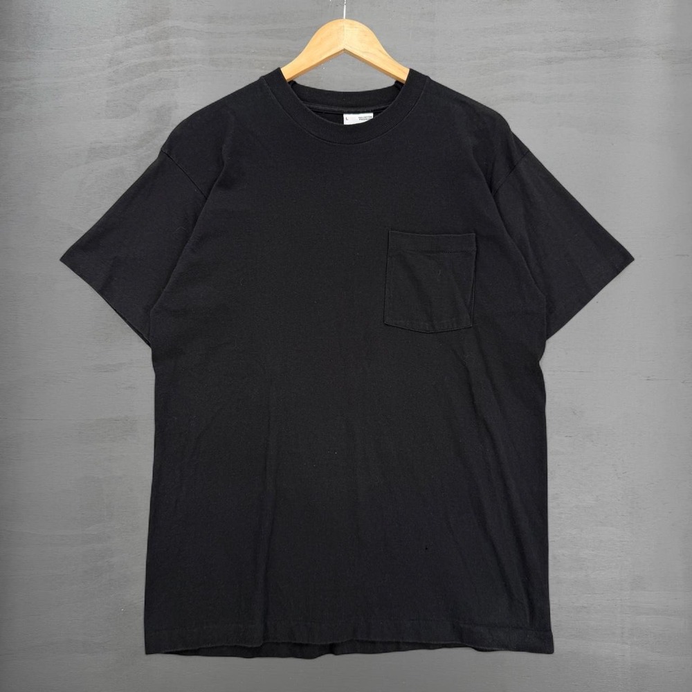 Vintage Blank Pocket T-Shirt Black Short Sleeve Cotton Crewneck Large